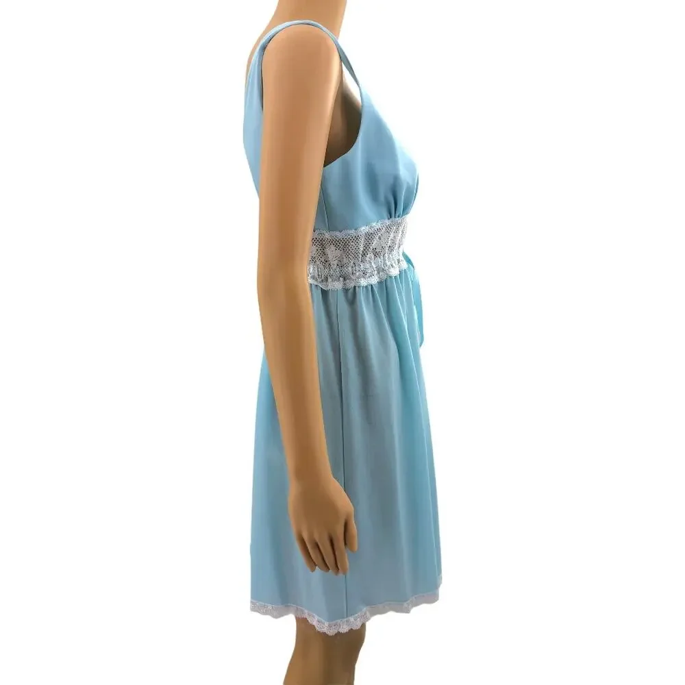 Van Raalte XS USA VINTAGE Blue Nylon Sleeveless Eyelet Lace Babydoll Night Gown - Picture 4 of 7